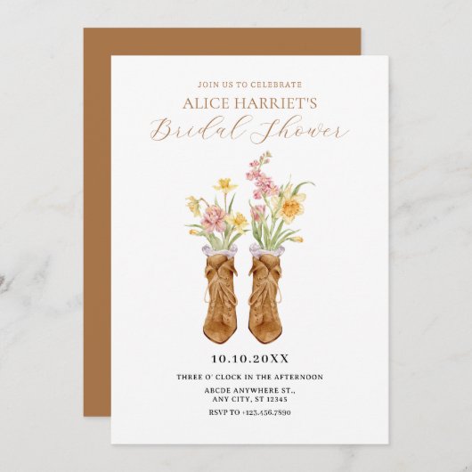 ヴィンテージブーツフラワーブーケブライダルシャワー 招待状 (正面/裏面)