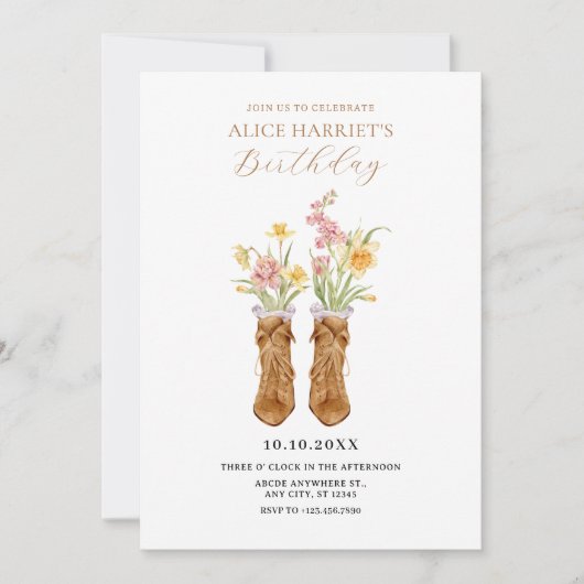 ヴィンテージブーツ花花束誕生日 招待状 (正面)