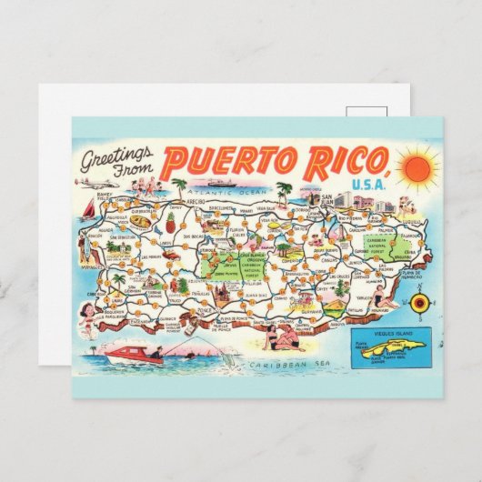 ヴィンテージプエルトリコの地図 ポストカード (正面/裏面)