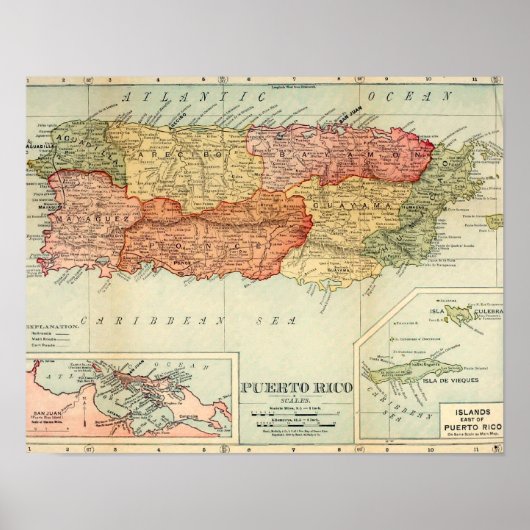 ヴィンテージプエルトリコの地図, 1898 ポスター (正面)
