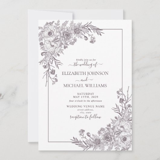 ヴィンテージプラムパープルフローララインアートスクリプ結婚ト 招待状 (正面)