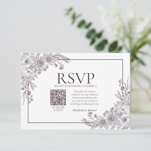 ヴィンテージプラムパープルフローララインアートQRコードRSVP 出欠カード (スタンド正面)