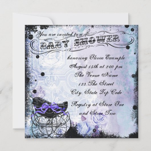 ヴィンテージプラムラベンダーパープルベビーシャワー 招待状 (正面)