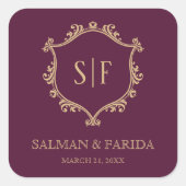 ヴィンテージプラム金ゴールドクレストモノグラム結婚式の引き出物 スクエアシール (正面)