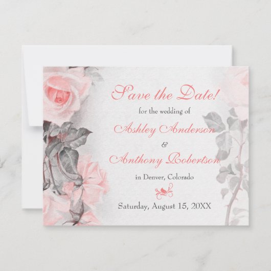 ヴィンテージプリムローズピンクのバラの結婚式の日付を保存 セーブザデート (正面)