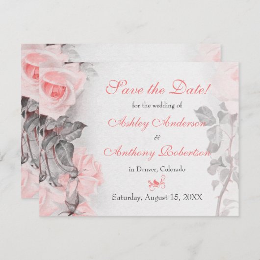 ヴィンテージプリムローズピンクのバラの結婚式の日付を保存 セーブザデート (正面/裏面)