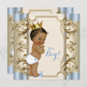 ヴィンテージプリンスブルーと金ゴールド赤ちゃんシャワー 招待状 (正面/裏面)