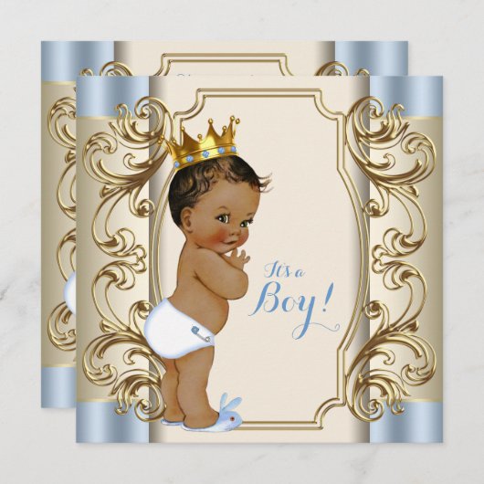 ヴィンテージプリンスブルーと金ゴールド赤ちゃんシャワー 招待状 (正面/裏面)
