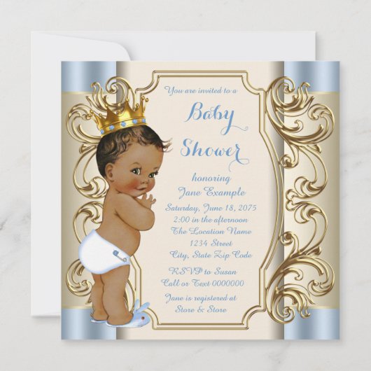 ヴィンテージプリンスブルーと金ゴールド赤ちゃんシャワー 招待状 (裏面)