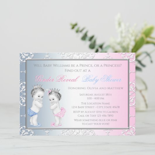 ヴィンテージプリンスプリンセスジェンダーが赤ちゃんシャワーを明かす 招待状 (スタンド正面)