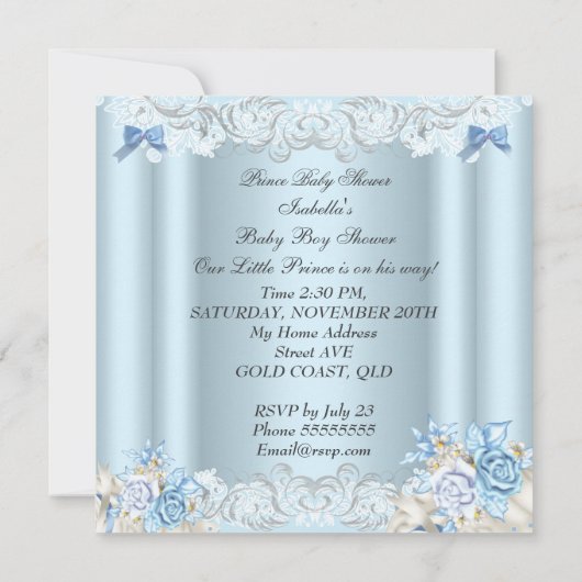 ヴィンテージプリンスベビーシャワーボーイブルーベア 招待状 (裏面)