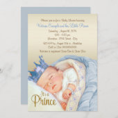 ヴィンテージプリンスベビーブルー金ゴールドベビーシャワー 招待状 (正面/裏面)