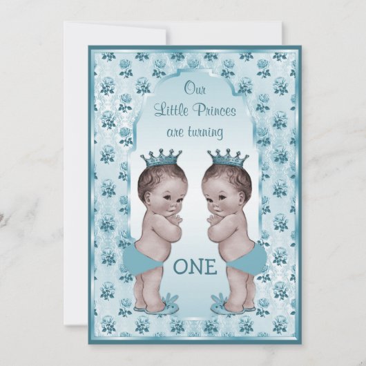 ヴィンテージプリンスボーイツインズブルーバラ1歳誕生日 招待状 (正面)