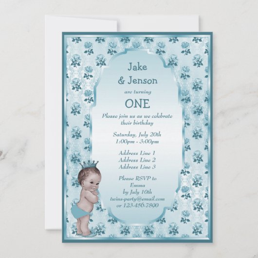 ヴィンテージプリンスボーイツインズブルーバラ1歳誕生日 招待状 (裏面)