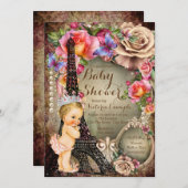 ヴィンテージプリンセスエッフェルタワーパリベビーシャワー 招待状 (正面/裏面)