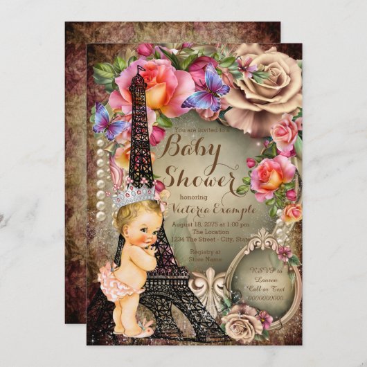 ヴィンテージプリンセスエッフェルタワーパリベビーシャワー 招待状 (正面/裏面)