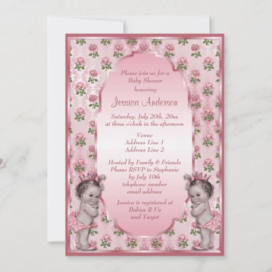 ヴィンテージプリンセスツインズ&ピンクロセスベビーシャワー 招待状 (裏面)