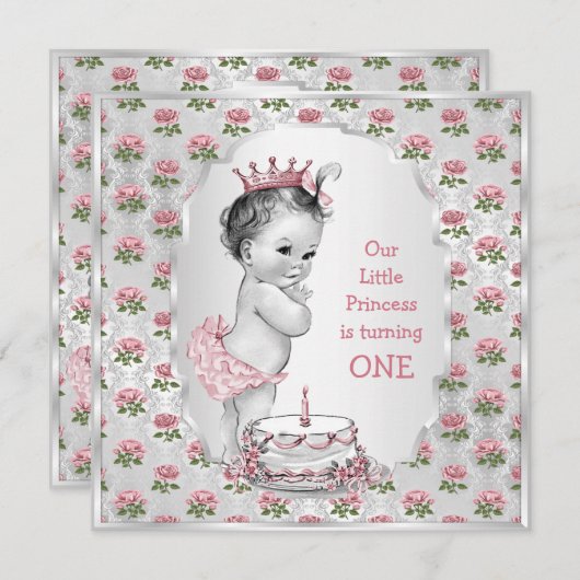 ヴィンテージプリンセスバラ1stバースデーケーキシルバー 招待状 (正面/裏面)