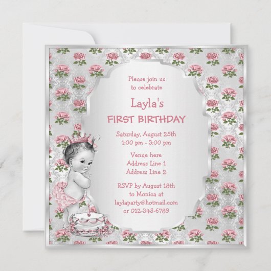 ヴィンテージプリンセスバラ1stバースデーケーキシルバー 招待状 (裏面)