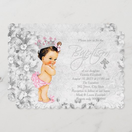 ヴィンテージプリンセスピンクとグレーバプテスマ 招待状 (正面/裏面)