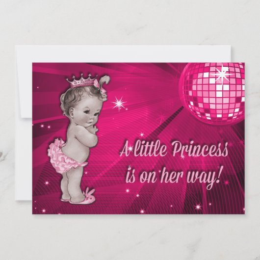 ヴィンテージプリンセスピンクディスコボールベビーシャワー 招待状 (正面)
