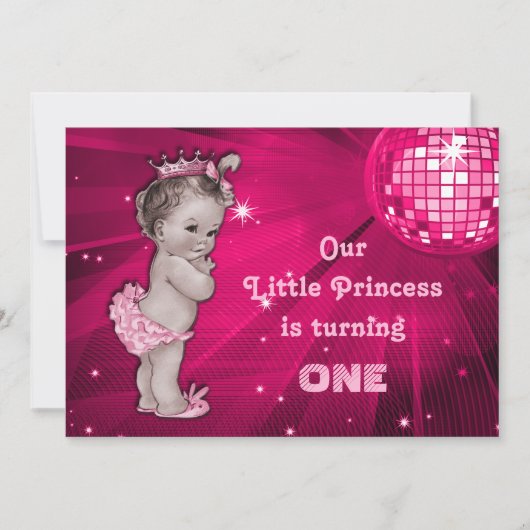 ヴィンテージプリンセスピンクディスコボール1st誕生日 招待状 (正面)