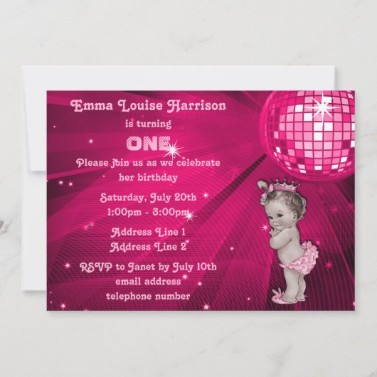 ヴィンテージプリンセスピンクディスコボール1st誕生日 招待状 (裏面)