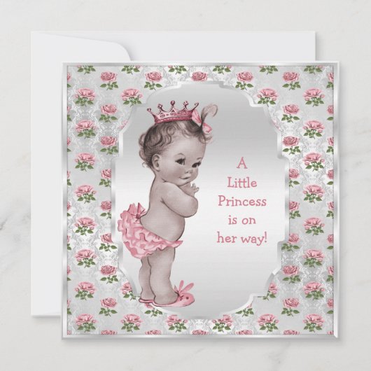 ヴィンテージプリンセスピンクローズシルバーベビーシャワー 招待状 (正面)