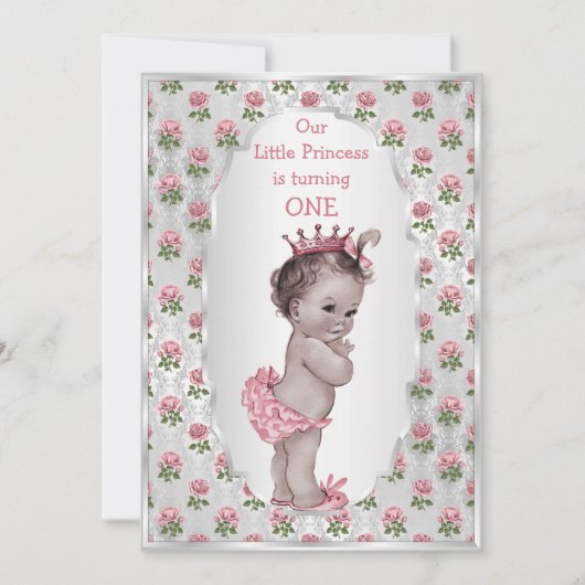 ヴィンテージプリンセスピンクローゼスシルバーベビー誕生日 招待状 (正面)