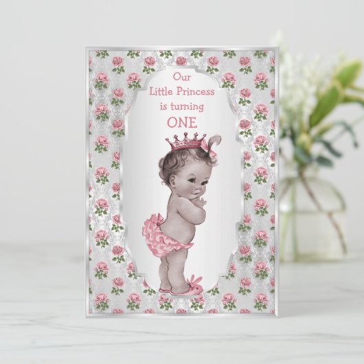 ヴィンテージプリンセスピンクローゼスシルバーベビー誕生日 招待状 (スタンド正面)