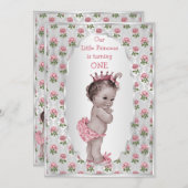 ヴィンテージプリンセスピンクローゼスシルバーベビー誕生日 招待状 (正面/裏面)