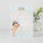 ヴィンテージプリンセスベビーガール金ゴールドクラウンアクアピンク 招待状 (スタンド正面)