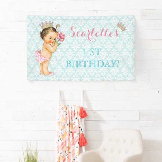 ヴィンテージプリンセスベビーガール金ゴールドクラウンピンクアクア 横断幕 (インサイチュ)