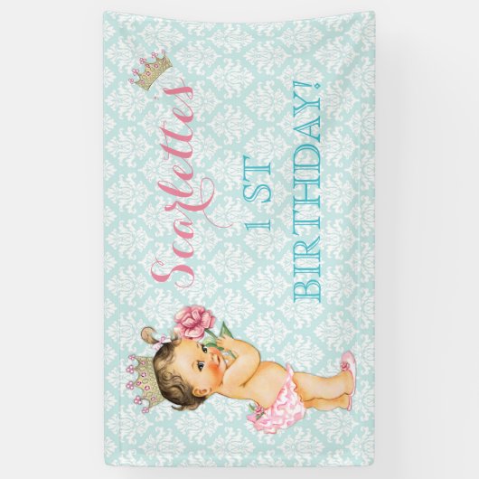 ヴィンテージプリンセスベビーガール金ゴールドクラウンピンクアクア 横断幕 (縦)