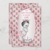 ヴィンテージプリンセスベビーピンクローズ1stバースデーケーキ 招待状 (正面/裏面)