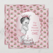 ヴィンテージプリンセスベビーピンクローズ1stバースデーケーキ 招待状 (正面/裏面)