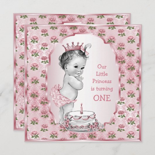 ヴィンテージプリンセスベビーピンクローズ1stバースデーケーキ 招待状 (正面/裏面)
