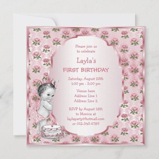 ヴィンテージプリンセスベビーピンクローズ1stバースデーケーキ 招待状 (裏面)