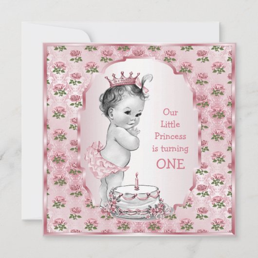ヴィンテージプリンセスベビーピンクローズ1stバースデーケーキ 招待状 (正面)