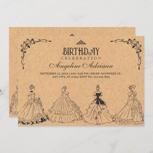 ヴィンテージプリンセス誕生日 招待状 (正面/裏面)