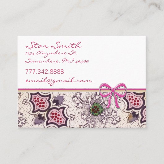 ヴィンテージプリント深いラズベリープラムグリーンホワイト 名刺 (正面)