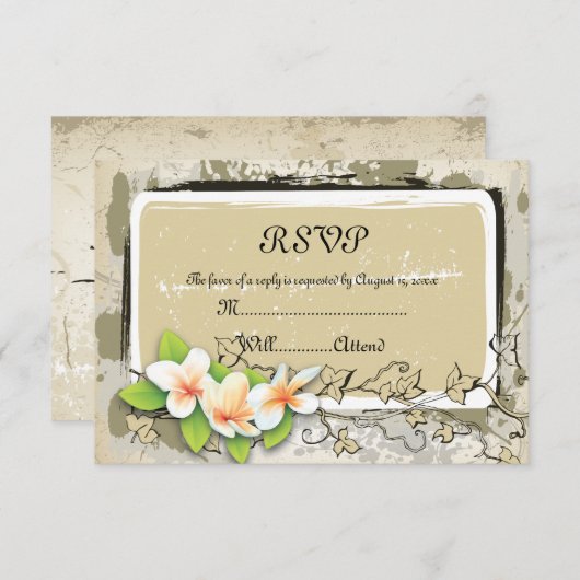 ヴィンテージプルメリアとアイビーージュウェディングRSVPカード 出欠カード (正面/裏面)