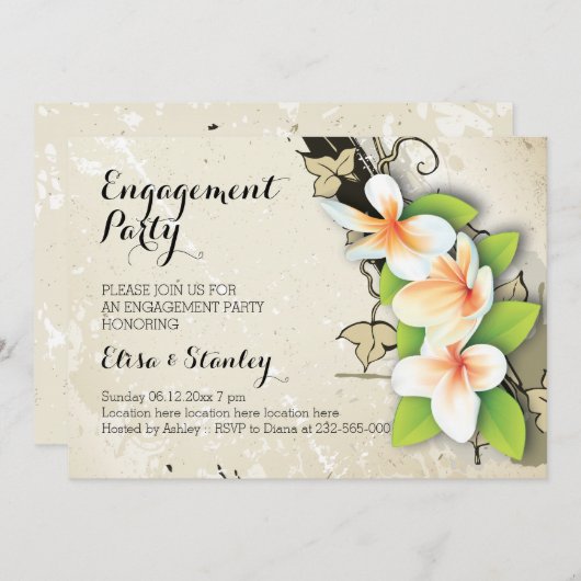 ヴィンテージプルメリアとツタ結婚婚約パーティ 招待状 (正面/裏面)
