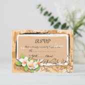 ヴィンテージプルメリアアイビーオレンジ色の白いRSVPカード 出欠カード (スタンド正面)