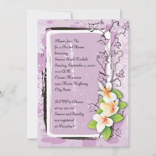 ヴィンテージプルメリアアイビーパープルホワイトブライダルシャワー 招待状 (正面)