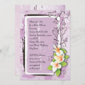ヴィンテージプルメリアアイビーパープルホワイトブライダルシャワー 招待状 (正面/裏面)