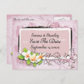 ヴィンテージプルメリアアイビーピンク白Save the Date 案内ポストカード (正面/裏面)