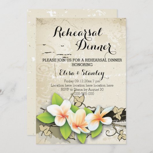 ヴィンテージプルメリア&アイビー結婚のリハーサルディナー 招待状 (正面/裏面)