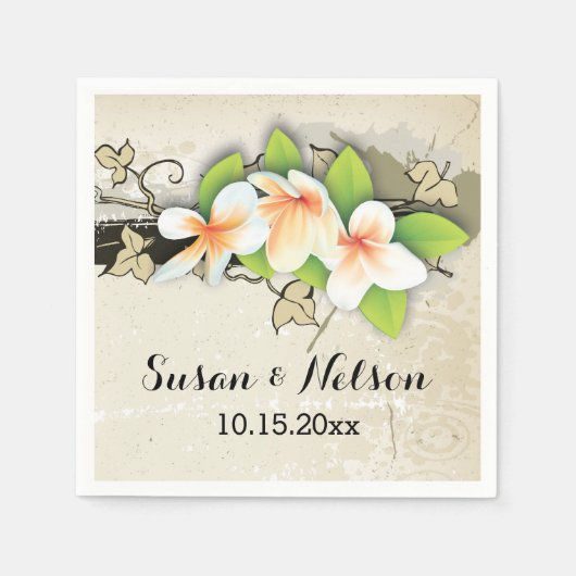 ヴィンテージプルメリア/フランジパニとアイビーゲ結婚ス スタンダードカクテルナプキン (正面)