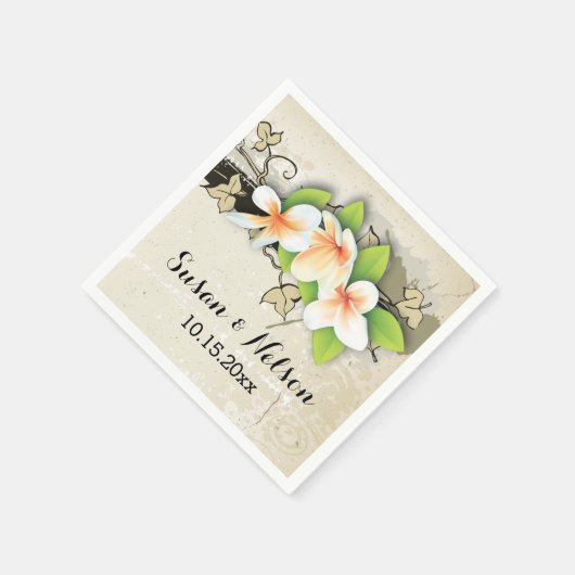 ヴィンテージプルメリア/フランジパニとアイビーゲ結婚ス スタンダードカクテルナプキン (角)